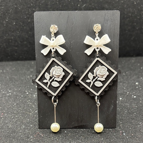 Handmade Jewelry - Black & Silver Postage Stamp Rose Earrings with Bow & Pearl Drop